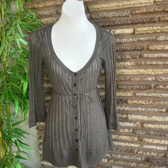 DKNY Dark Taupe Open Weave Cardigan Sweater Deep V Self Belt Size Medium - Picture 1 of 10